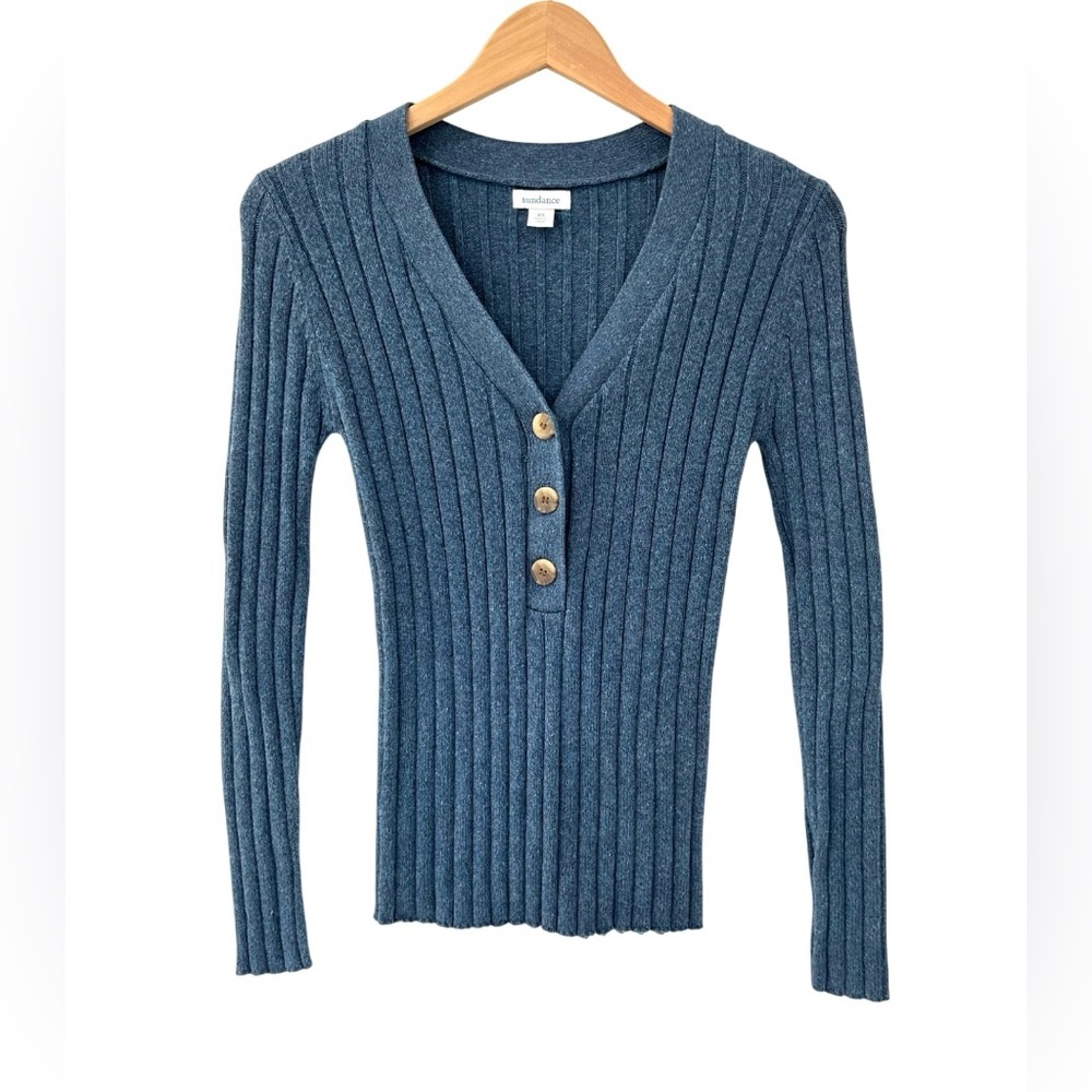 Sundance Modern Wonder Ribbed Henley Sweater XS blue heather cotton silk